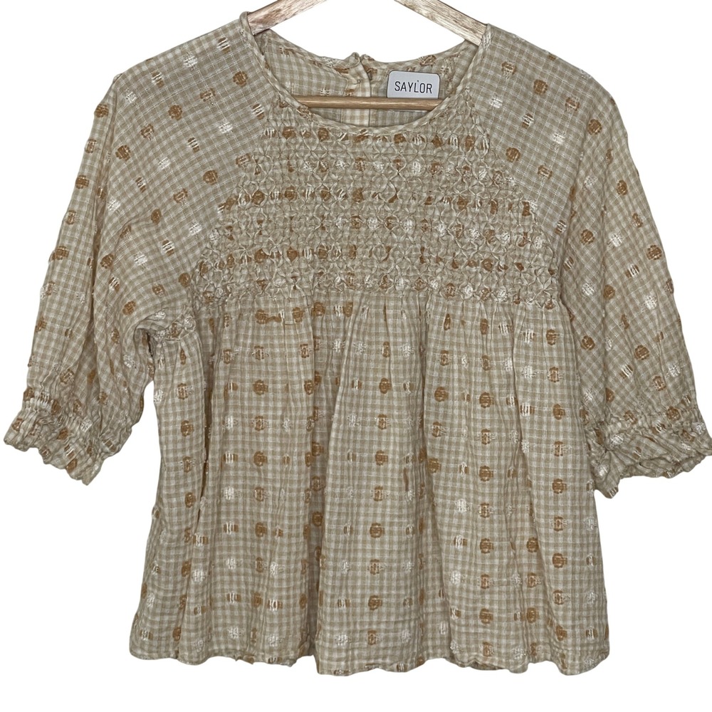 Saylor Tan Gingham Smocked Blouse Puff Sleeve Button Back Clip Dot Cottagecore